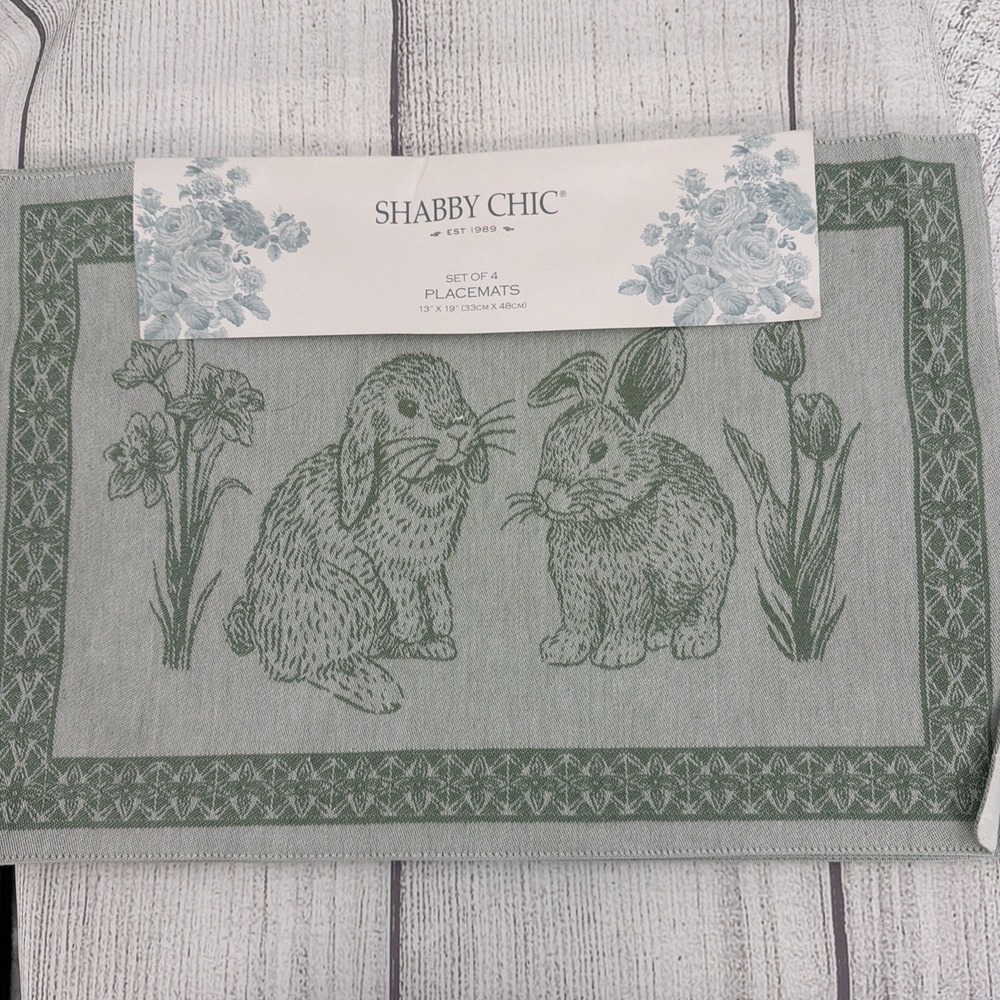 Shabby Chic Placemats (Set of 4) Green Easter Bunny Rabbit Spring Summer Cotton